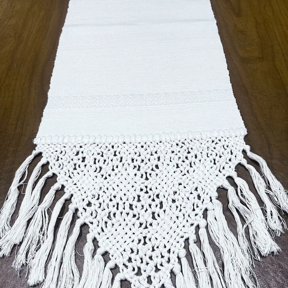 Handcrafted Macrame Fringed Ivory Table Runner Boho‎  Intricate Design 82X13